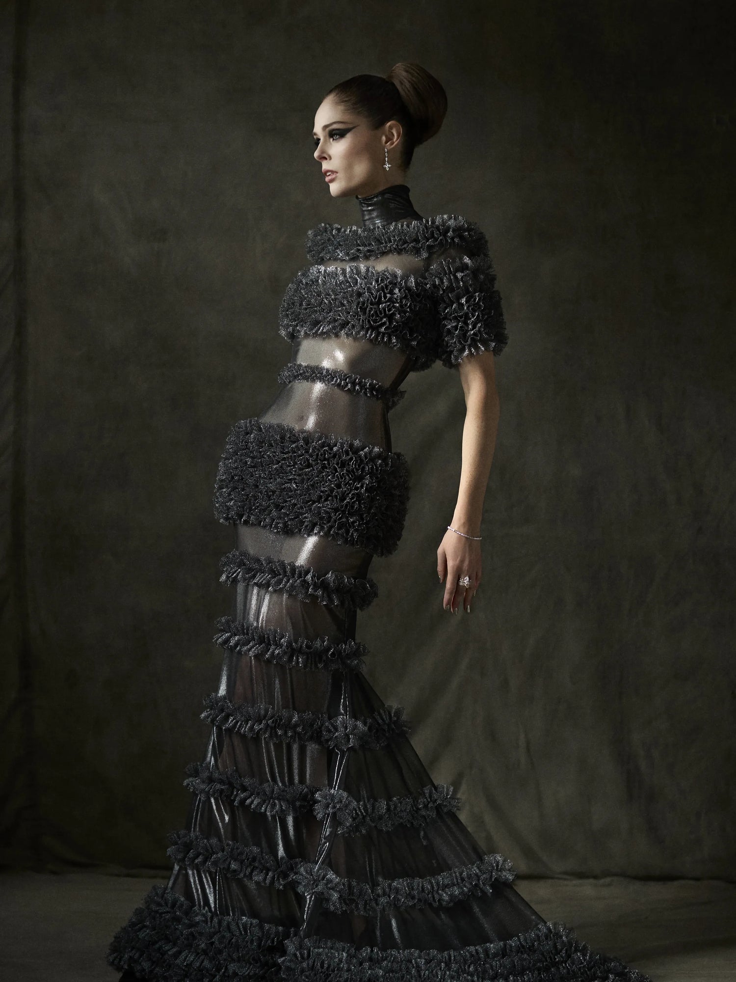 Metallic Gunmetal Layered Tulle Gown