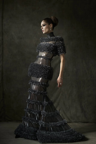 Metallic Gunmetal Layered Tulle Gown