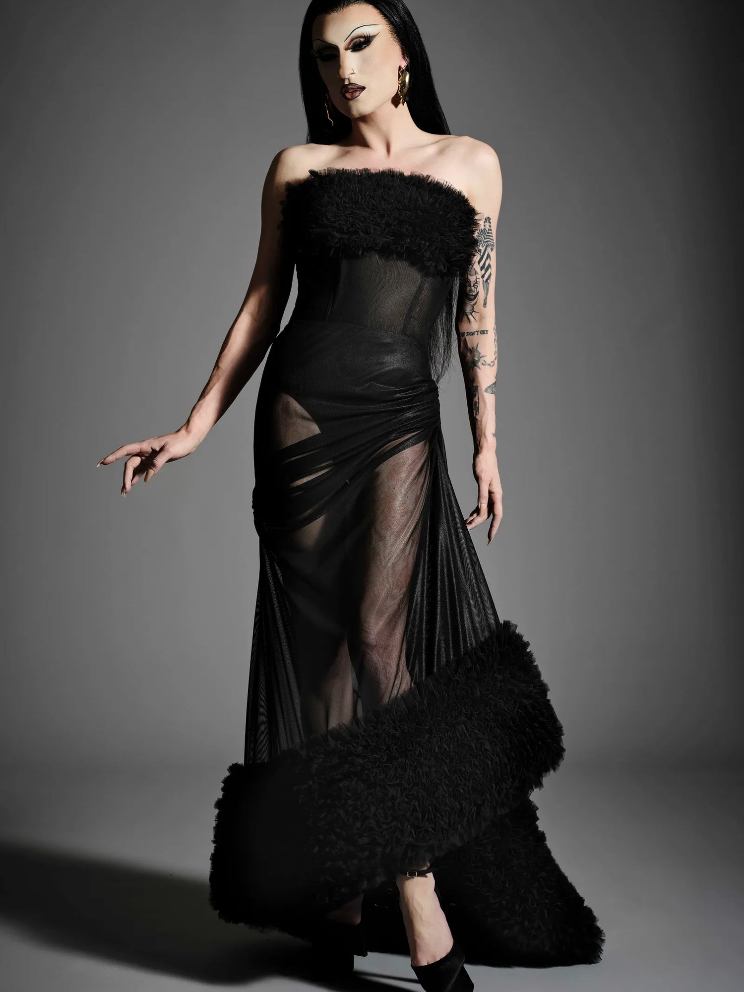 Shirred Tulle and Draped Mesh Gown