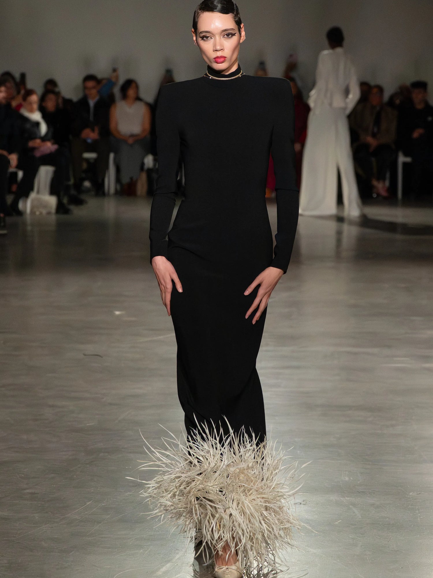 Black Long Sleeve Gown with Feathered Hem