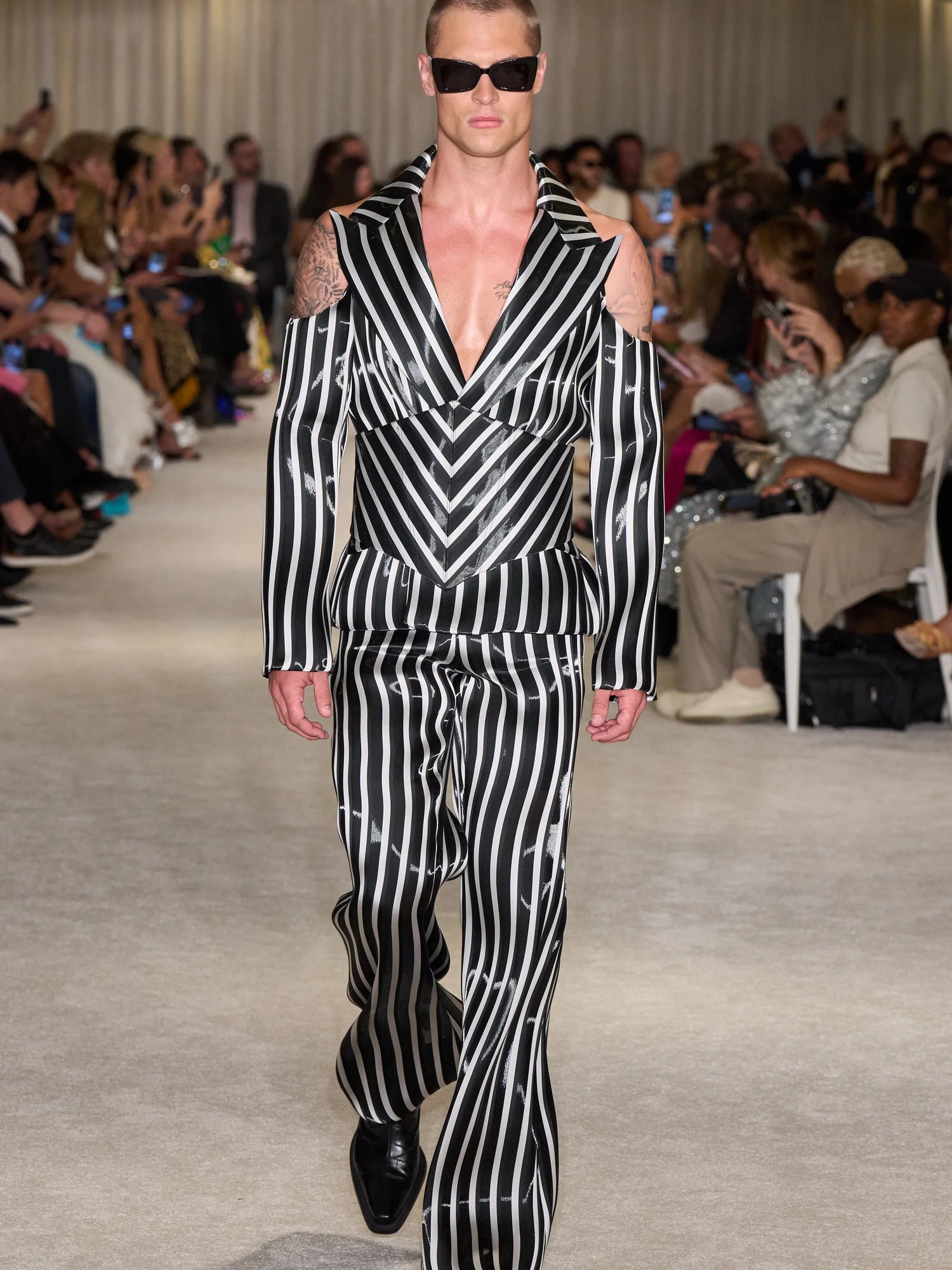 Black and White Stripe Liquid Organza Cut Out Shoulder Blazer