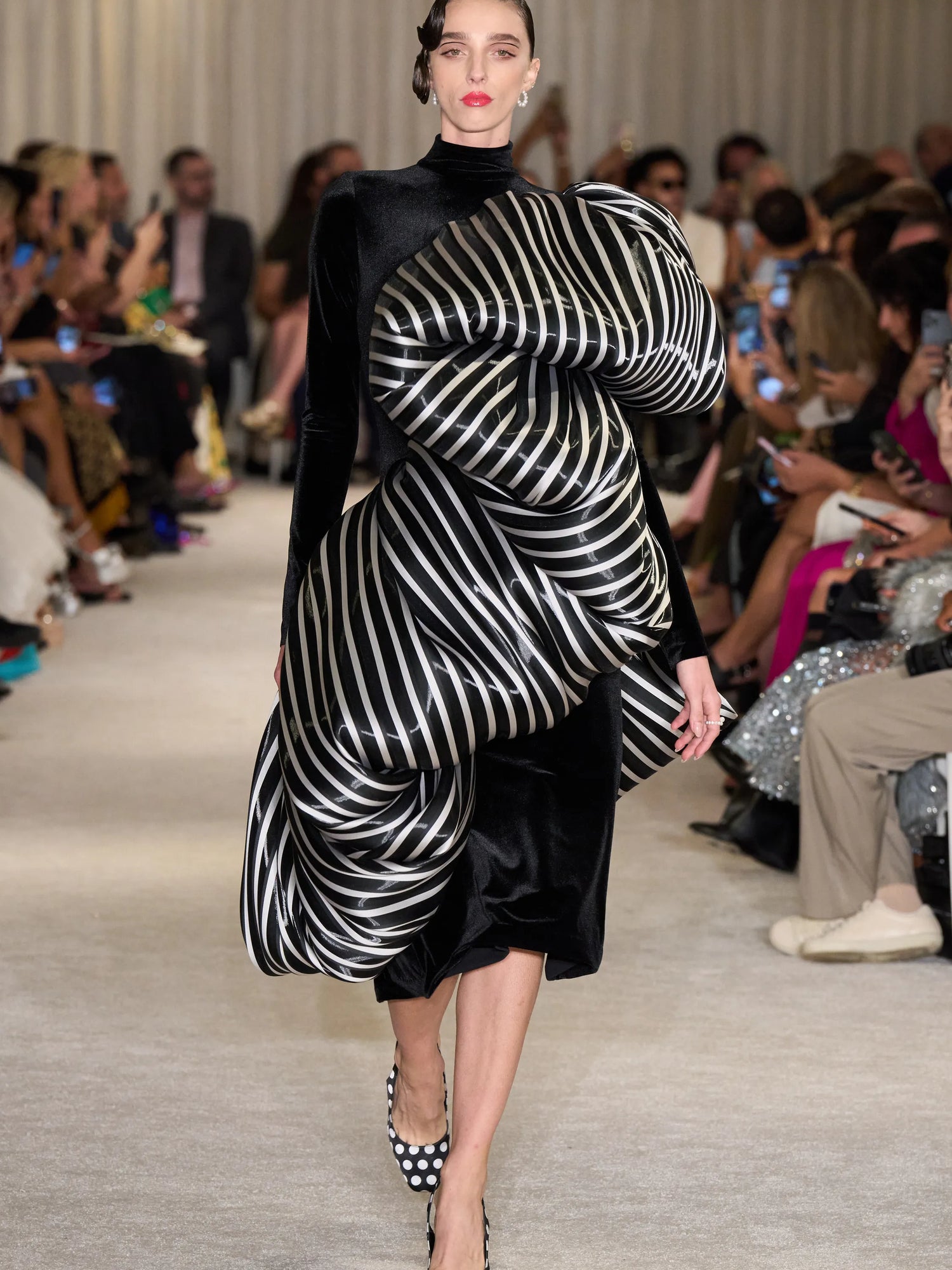 Black and White Liquid Organza Stripe Bubble Ruffle Midi Dress