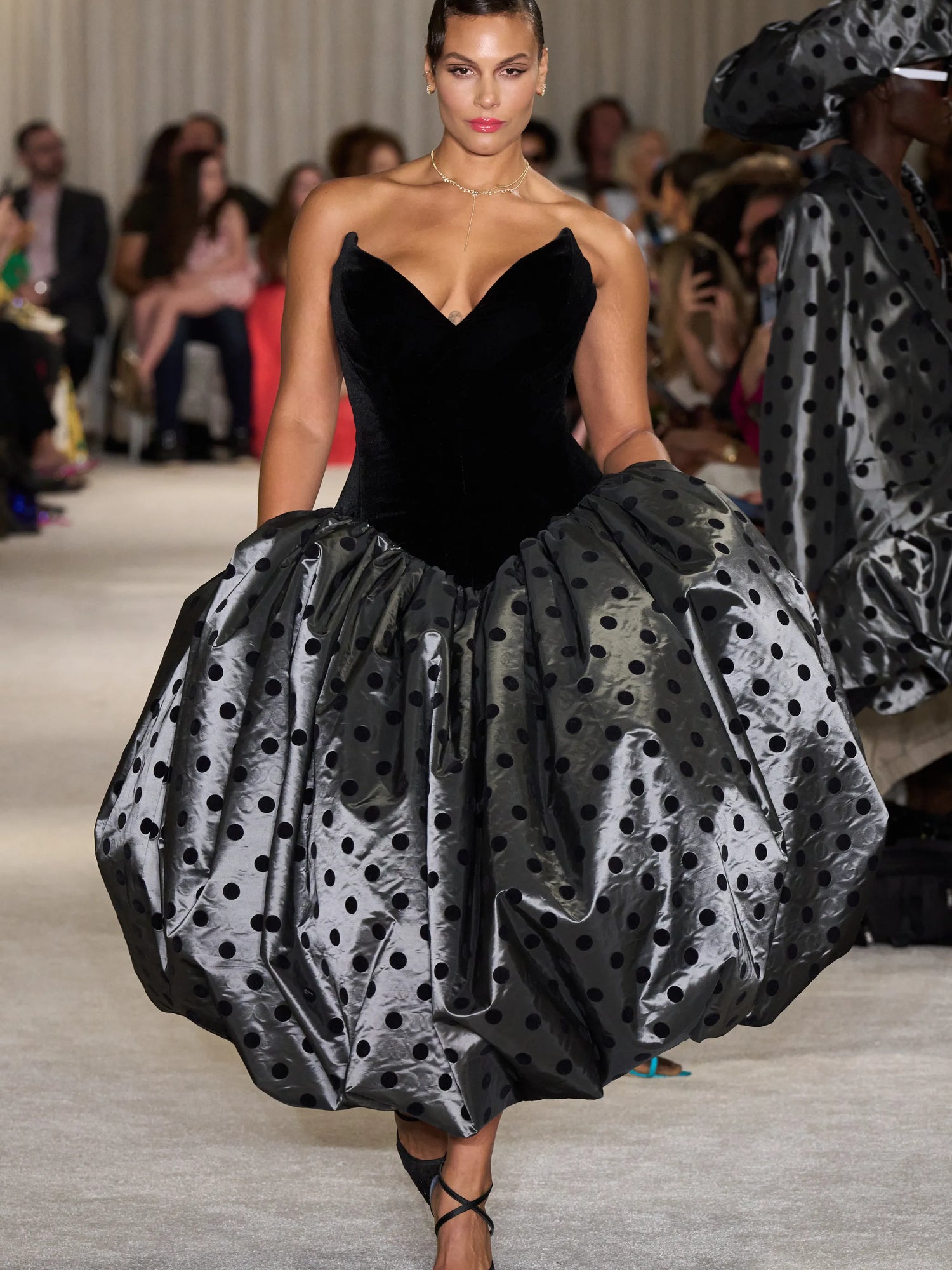 Black Strapless Metallic Polka Dot Drop Waist Bubble Dress