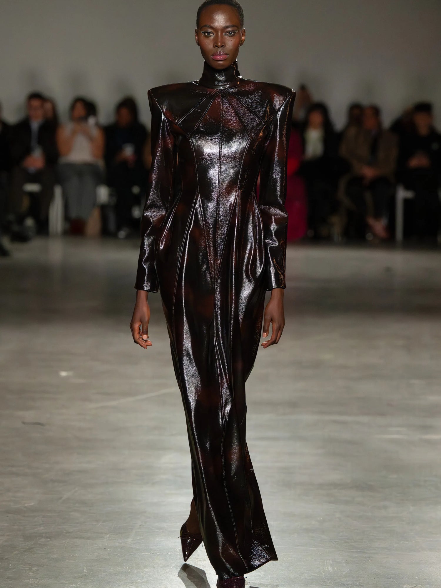 Chocolate Patent Structured Shoulder Gown