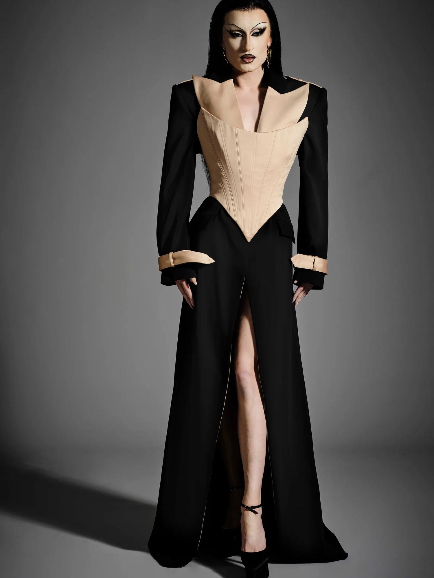 Black Longline Blazer Gown Nude Lapels