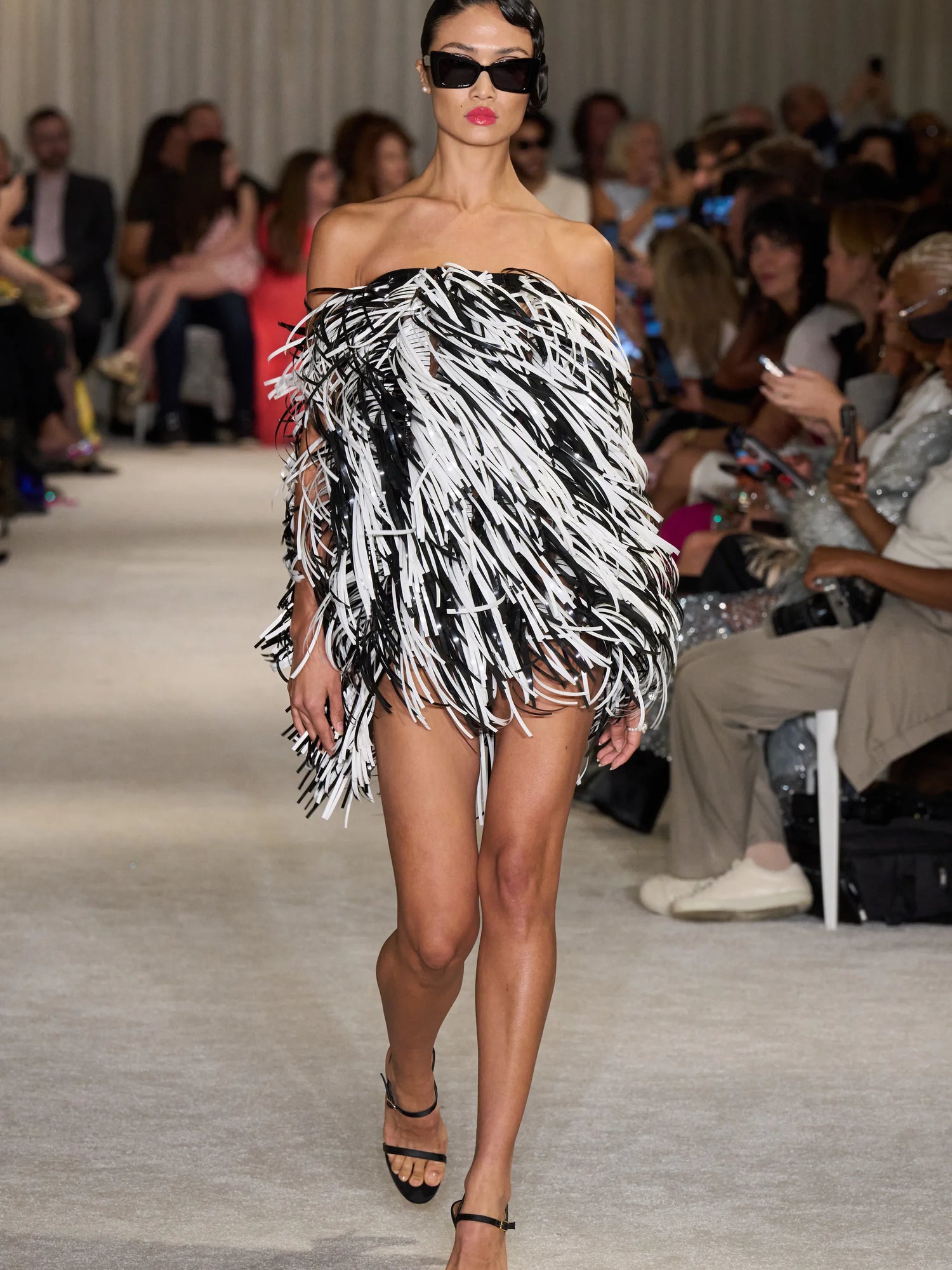 Black and White Vinyl Fringe Strapless Mini Dress