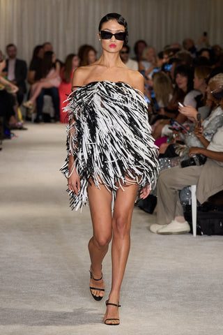 Black and White Vinyl Fringe Strapless Mini Dress
