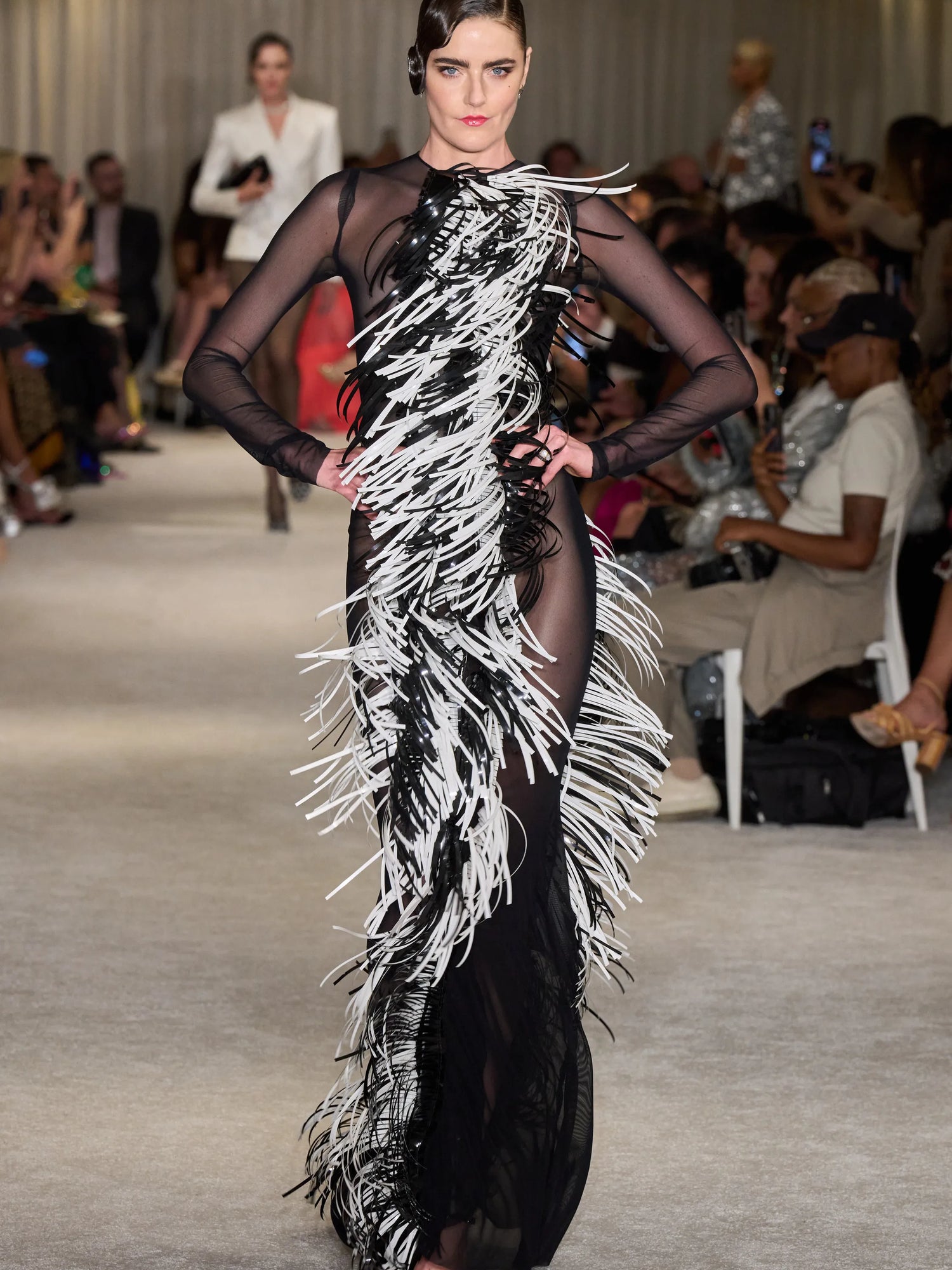 Long Sleeve Mesh Gown with Black and White Vinyl Fringe Ruffle