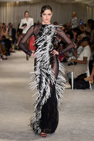 Long Sleeve Mesh Gown with Black and White Vinyl Fringe Ruffle