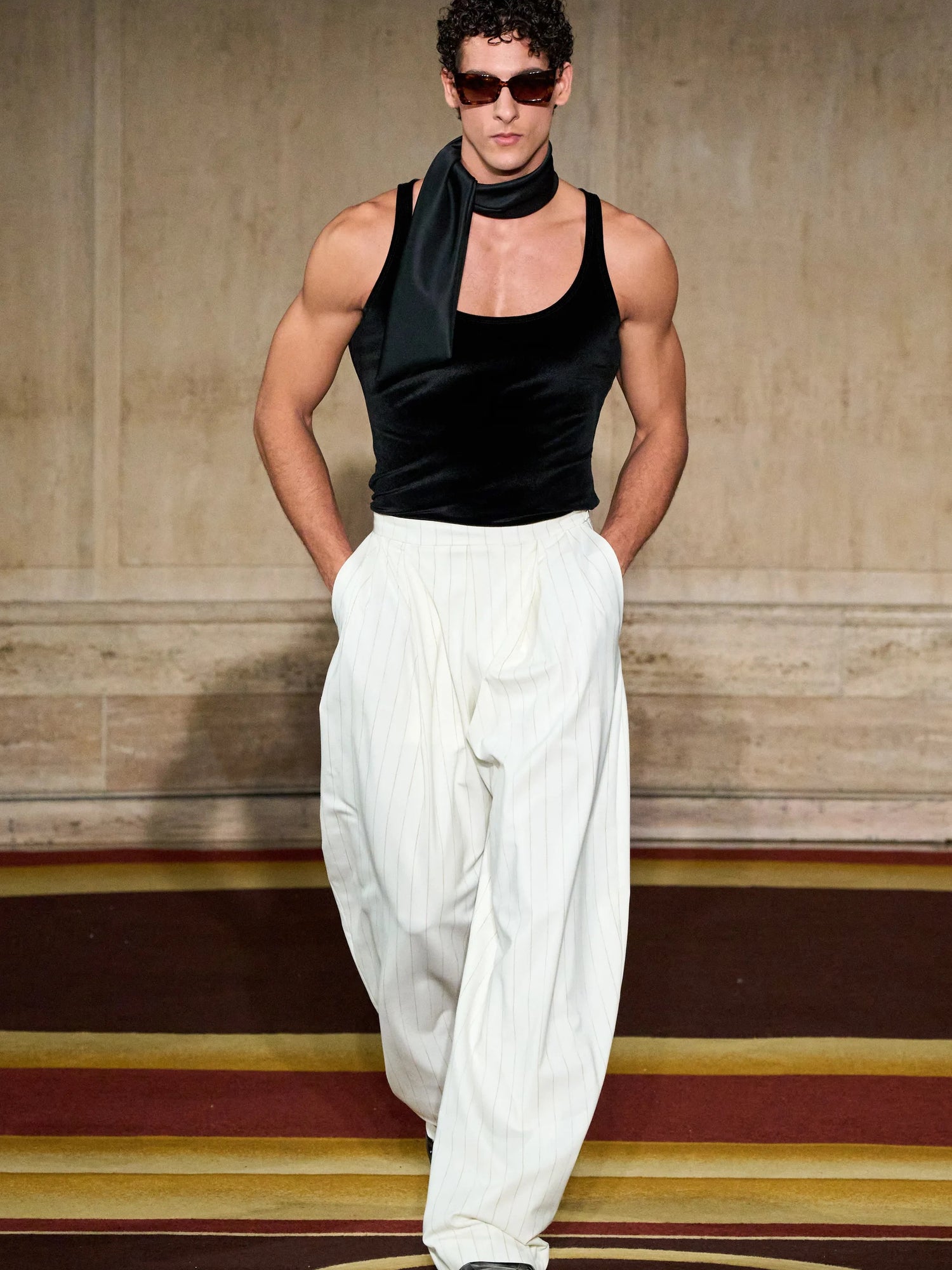 Ivory and Gold Pinstripe Wide Leg Trouser