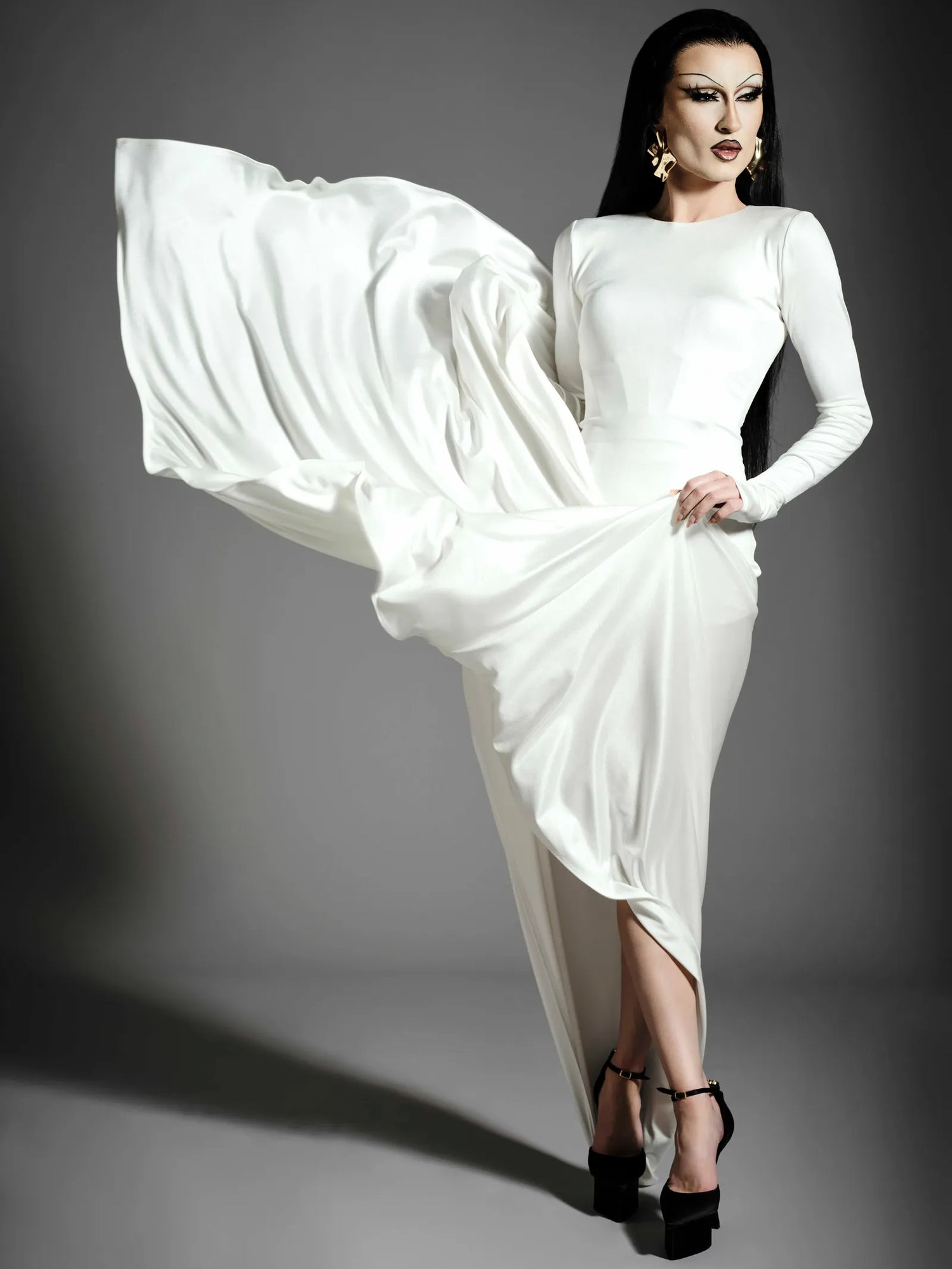 White Long Sleeve Drop Waist Gown