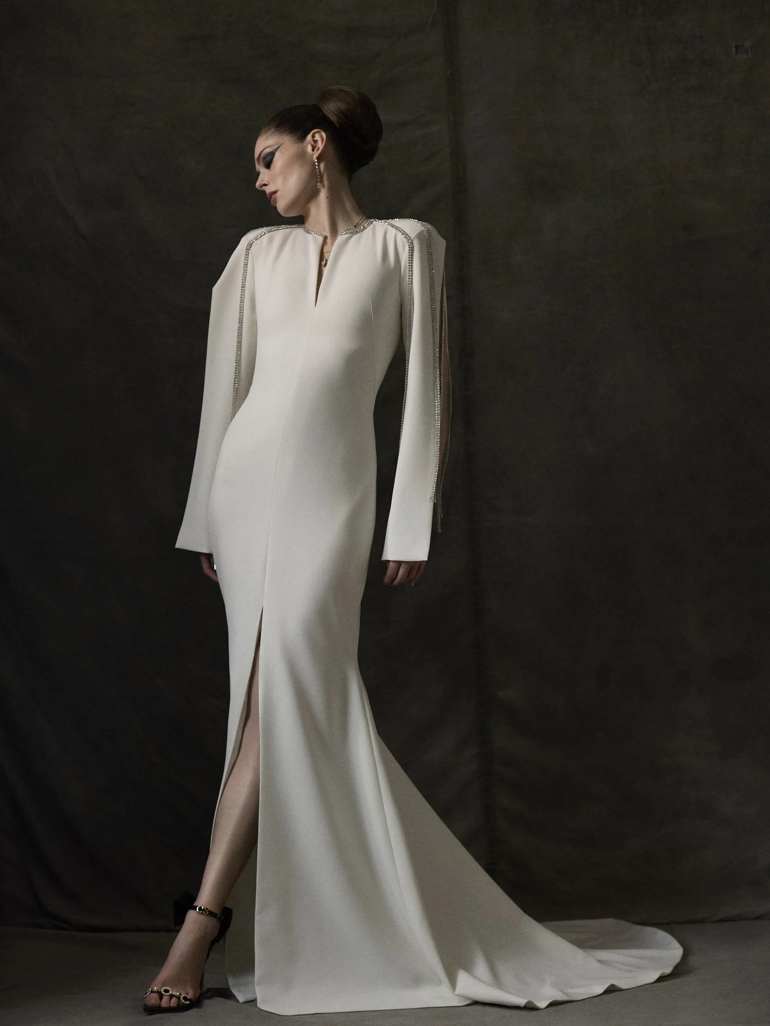 Ivory Crystal Fringe Long Sleeve Gown