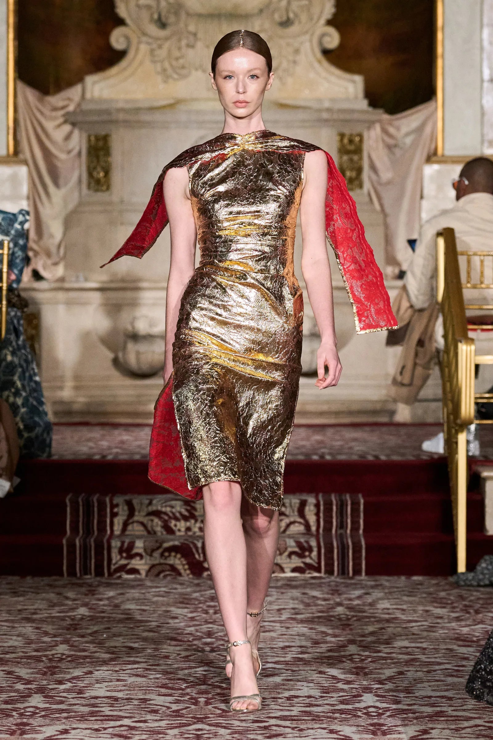 Laminated Metallic Gold Lace Cape Sleeve Dress | Christian Siriano