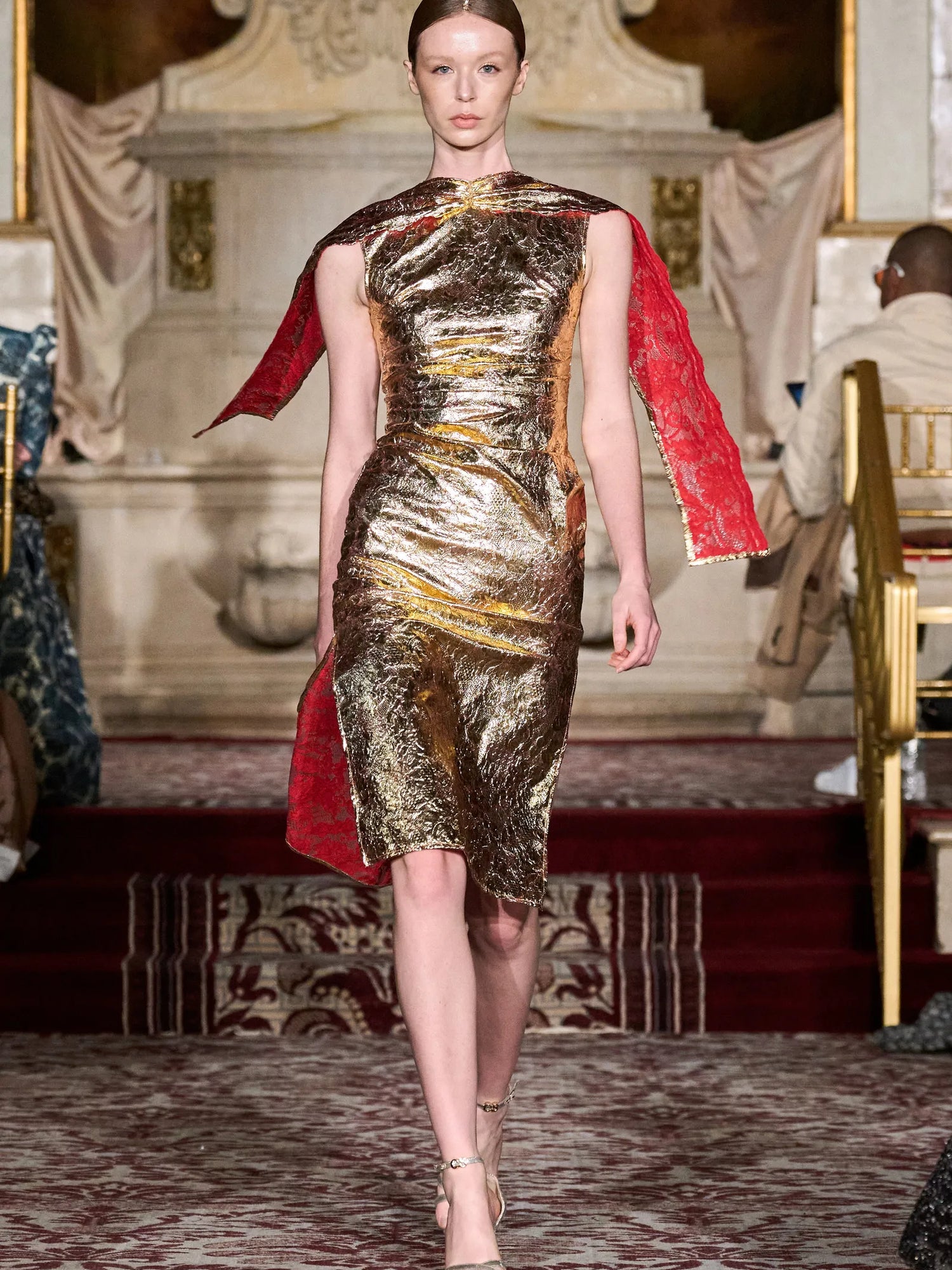 Laminated Metallic Gold Lace Cape Sleeve Dress | Christian Siriano Laminated Metallic Gold Lace Cape Sleeve Dress | Christian Siriano
