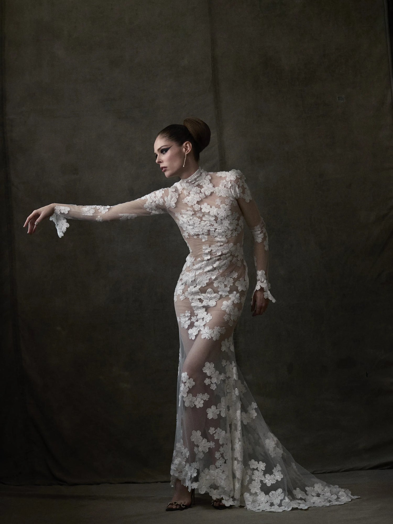 White Floral Appliqué Long Sleeve Gown