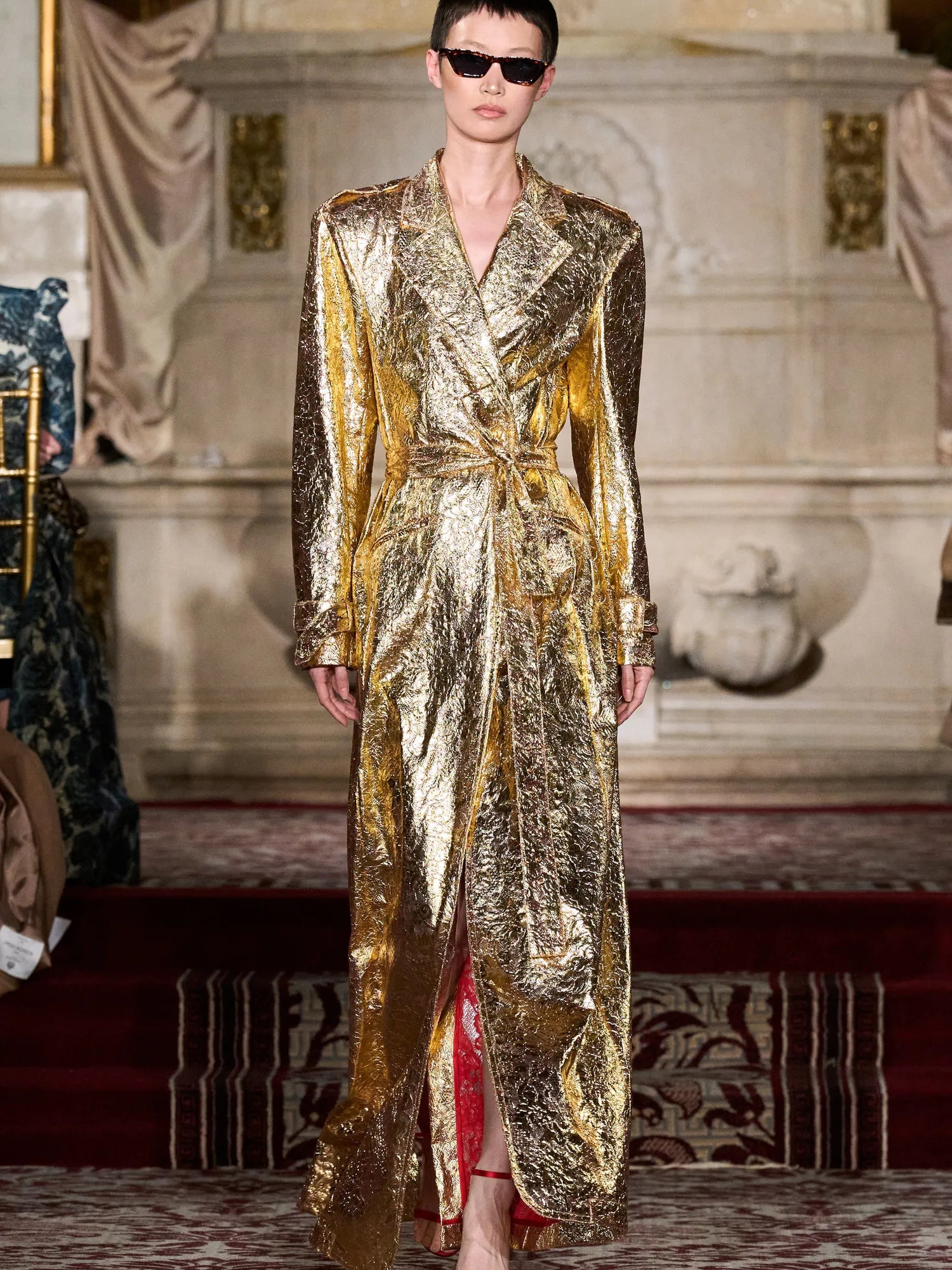 Laminated Metallic Gold Lace Blazer Coat