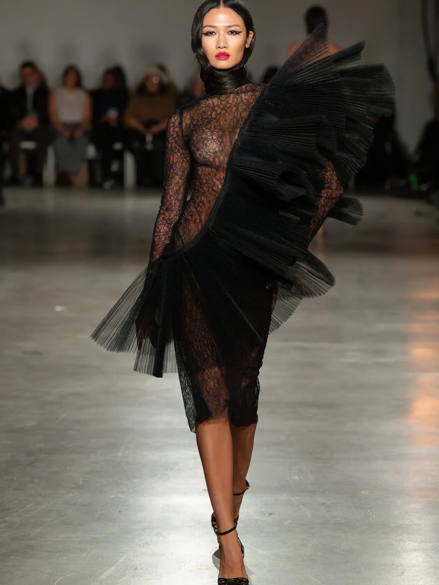 Long Sleeve Black Lace Dress with Pleated Ruffle