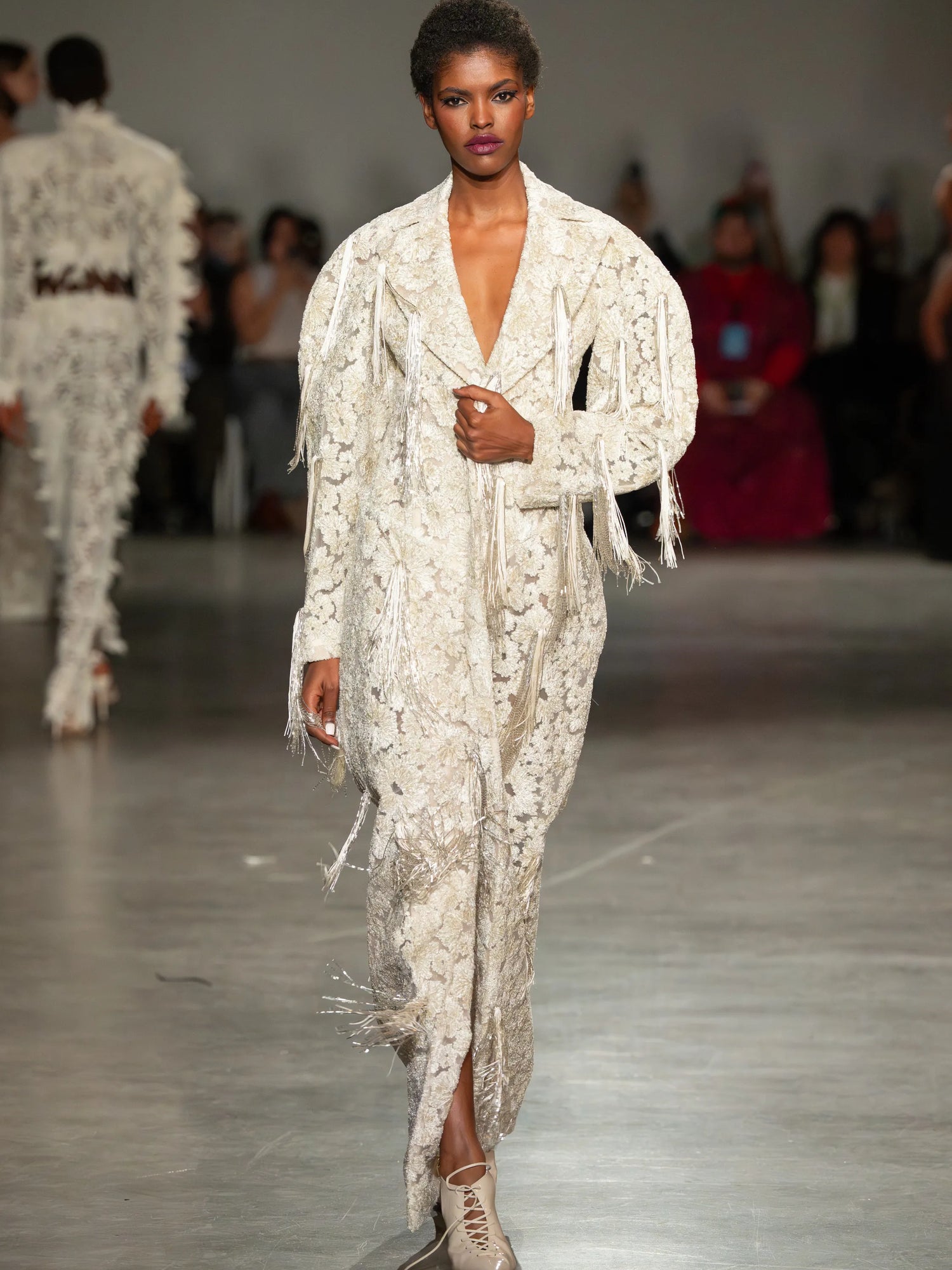 Ivory Burnout Velvet Coat with Fringe
