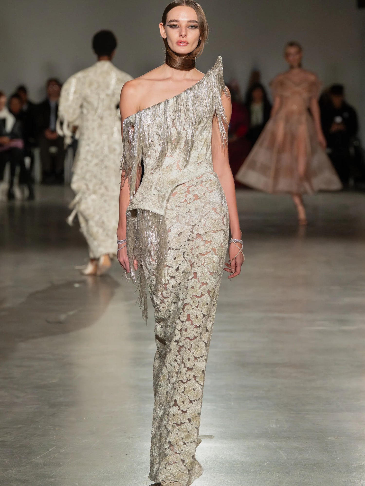 Structured Asymmetric Ivory Burnout Velvet Gown
