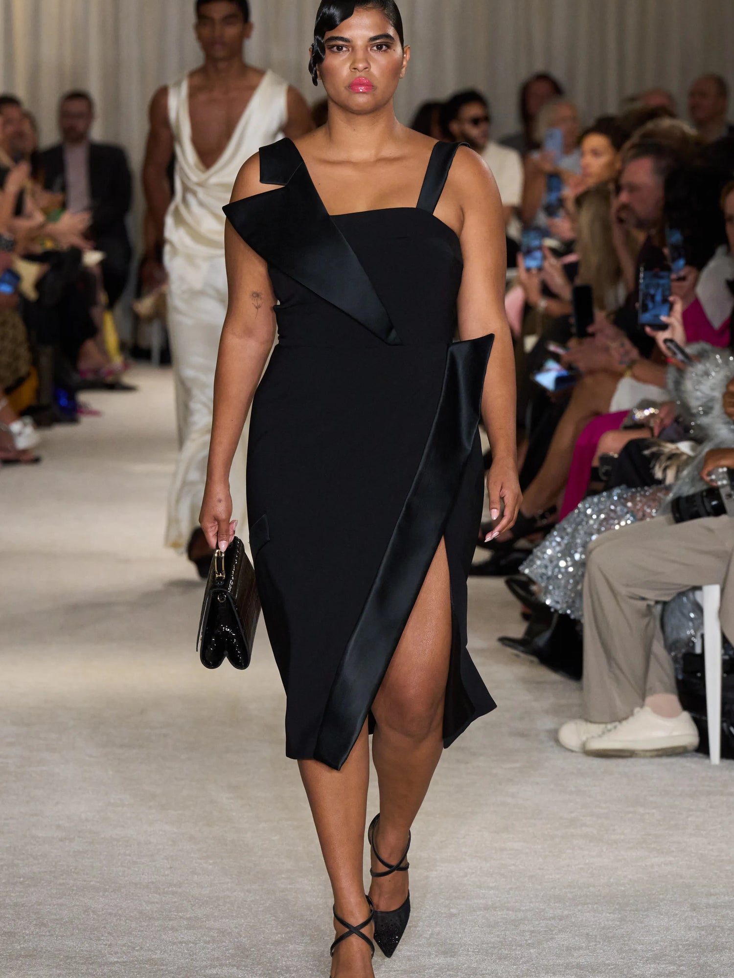 Black Asymmetric Satin Lapel Midi Dress
