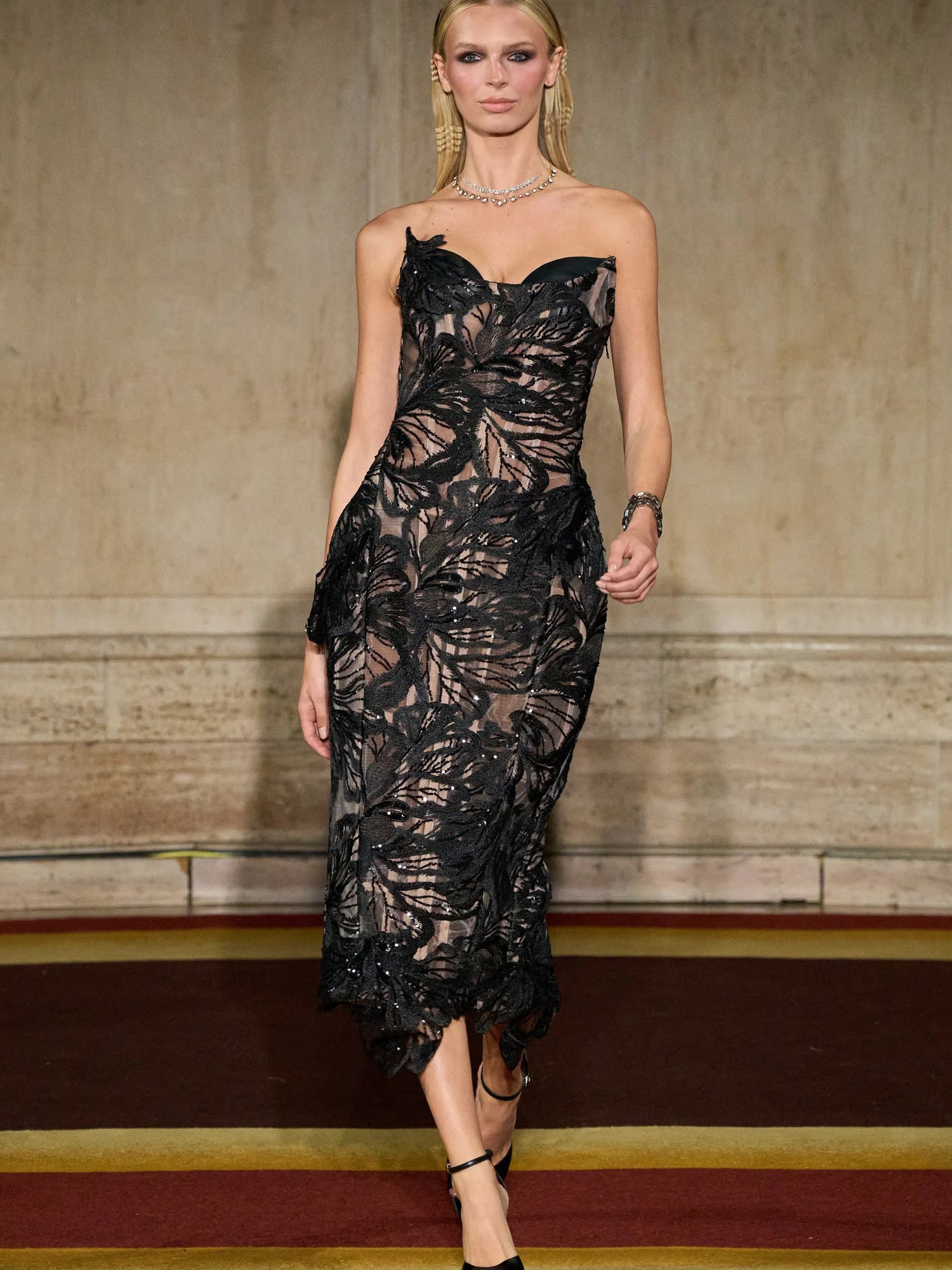 Strapless Sequin Lace Corset Midi Dress