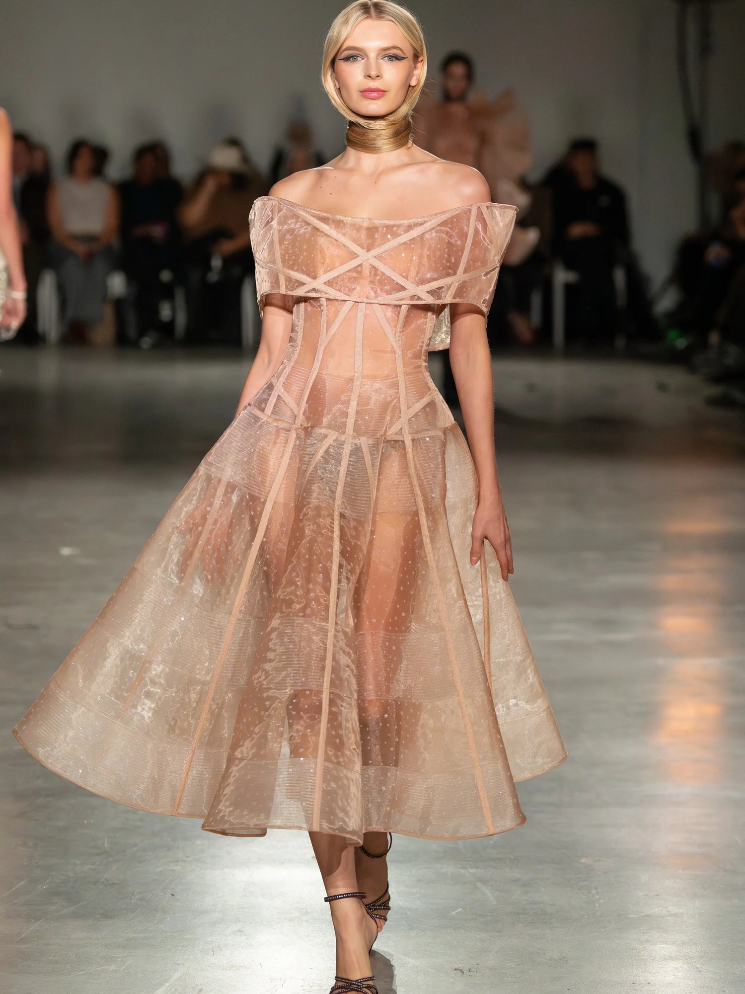 Blush Crystal Mesh Off the Shoulder Tea Length Dress