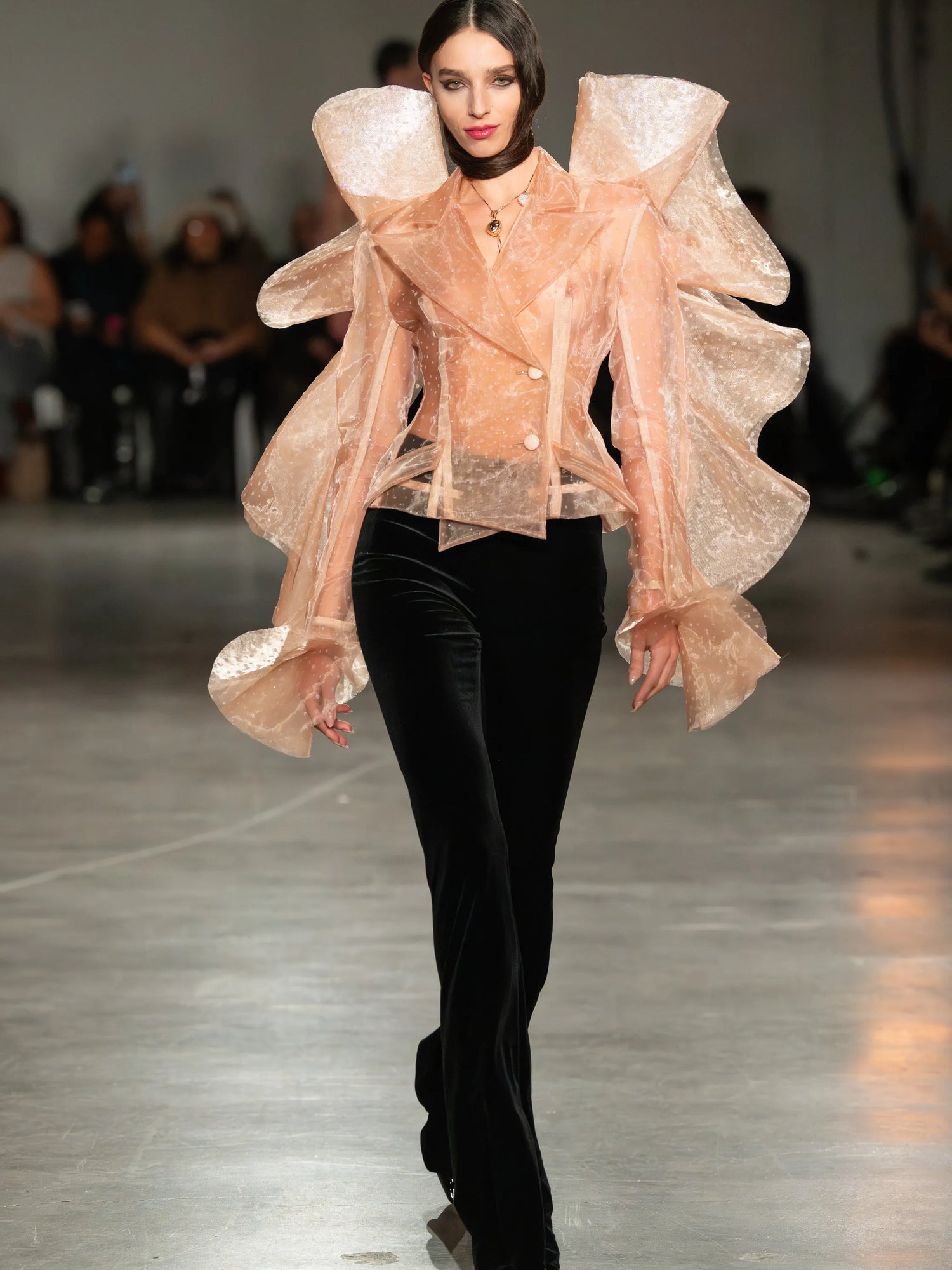 Blush Crystal Mesh Ruffle Sleeve Blazer