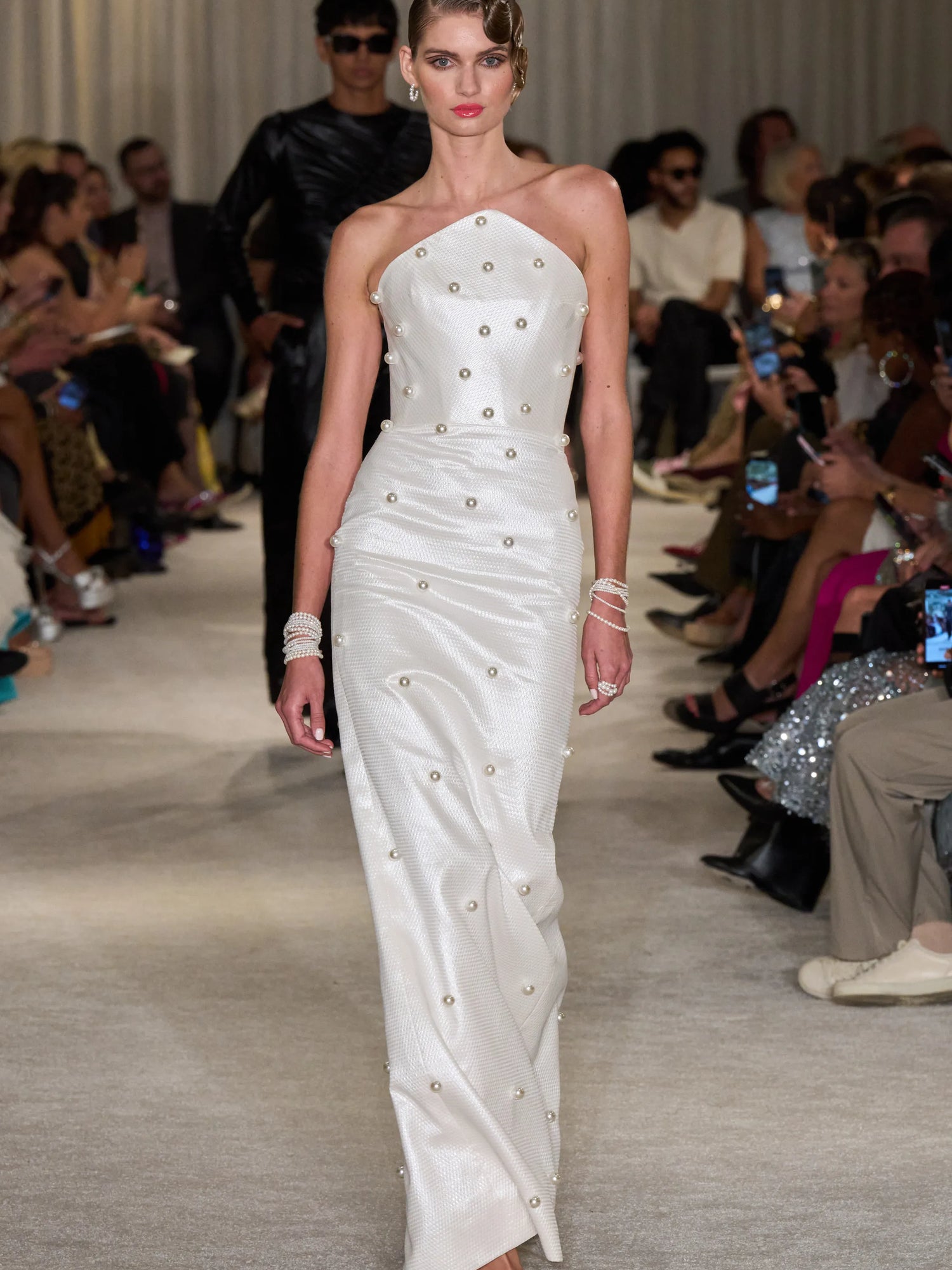 Diamond Point Pearl Brocade Column Gown with Pearl Embroidery