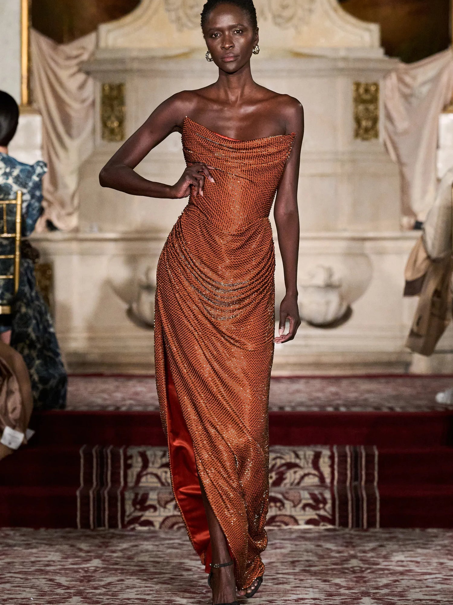Beaded Copper Corset Draped Gown | Christian Siriano Beaded Copper Corset Draped Gown | Christian Siriano
