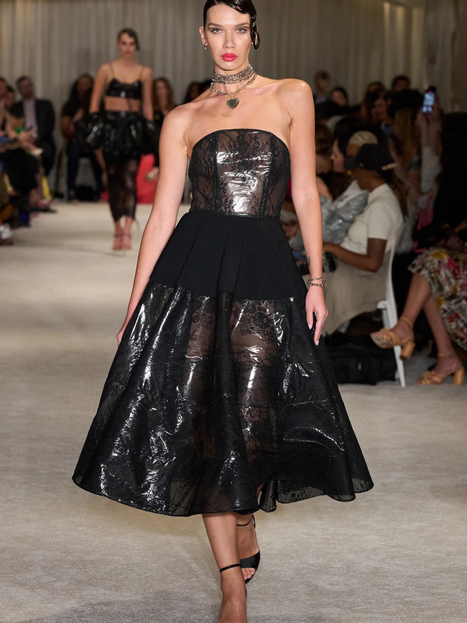 Strapless Black Latex Lace Tea Length Dress | Christian Siriano Strapless Black Latex Lace Tea Length Dress | Christian Siriano
