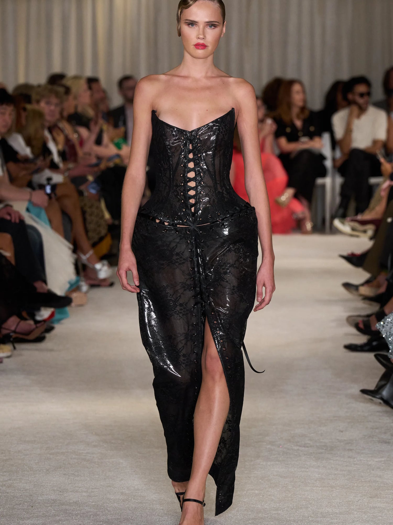 Strapless Black Latex Lace Corset Lace Up Gown