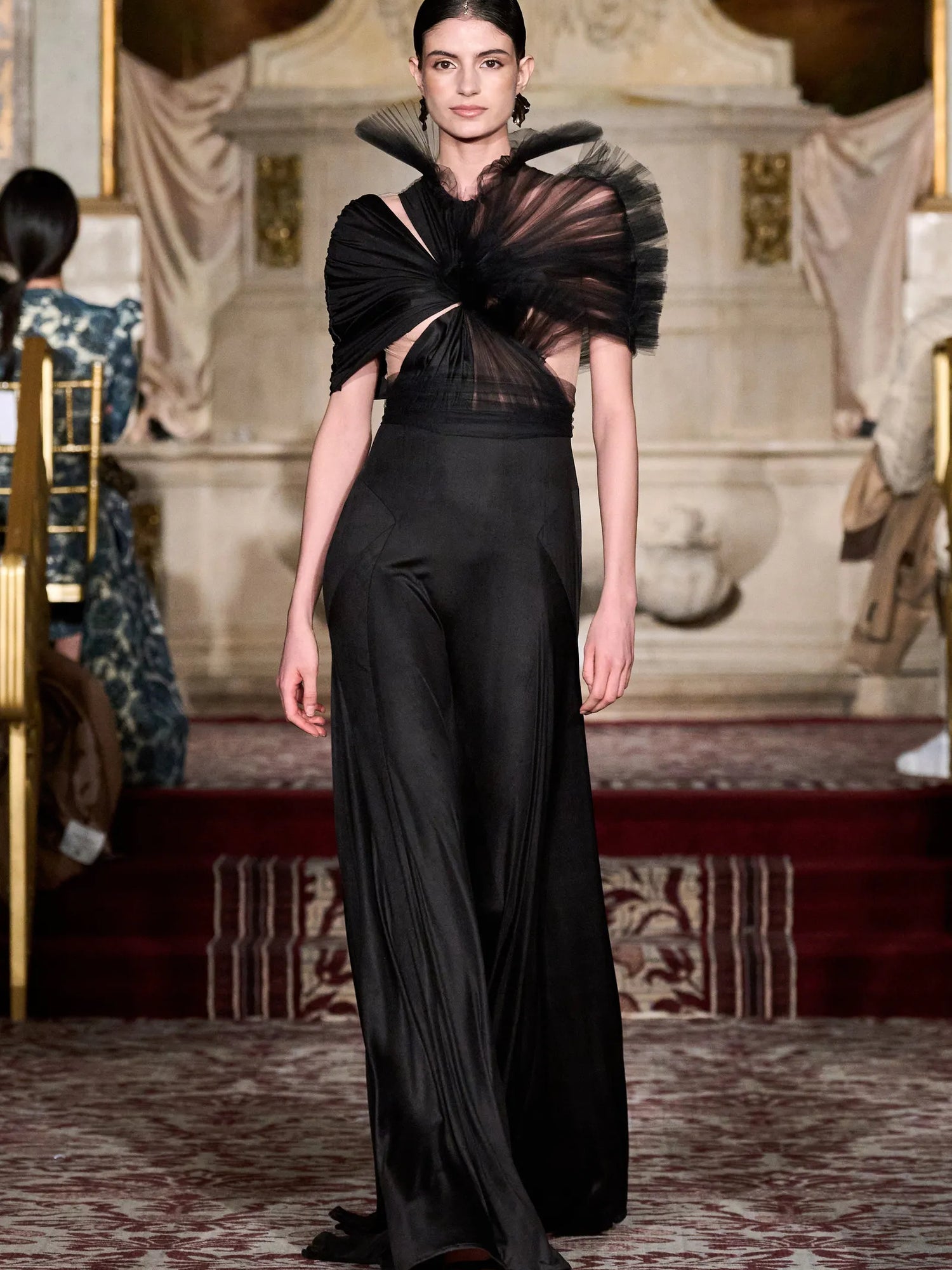 Black Jersey Gown with Pleated Tulle