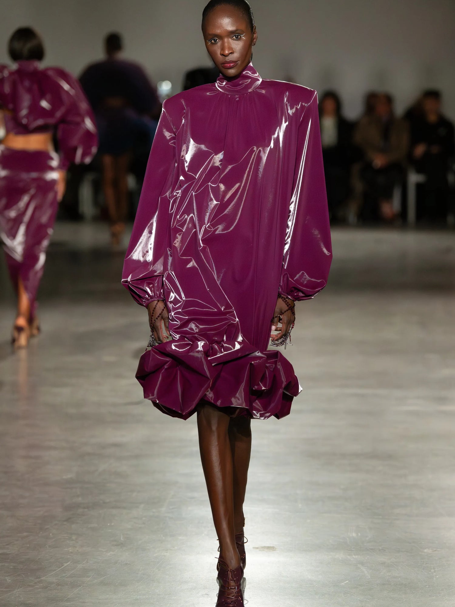 Long Sleeve Patent Plum Bubble Hem Dress