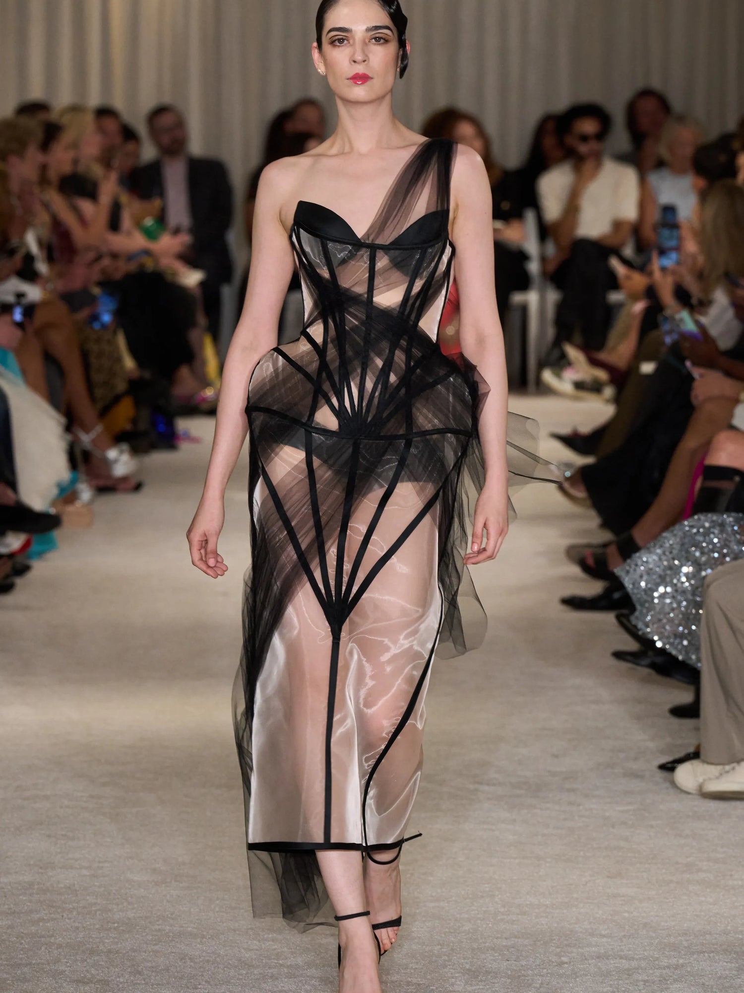 Black Draped Tulle Structured Corset Column Dress