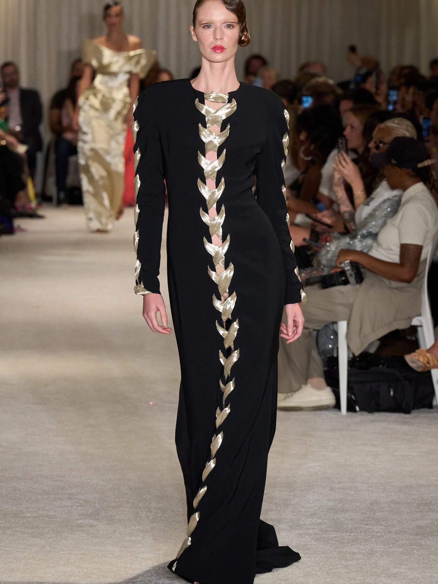 Black Long Sleeve Gown with Gold Lace Up