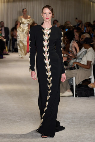 Black Long Sleeve Gown with Gold Lace Up