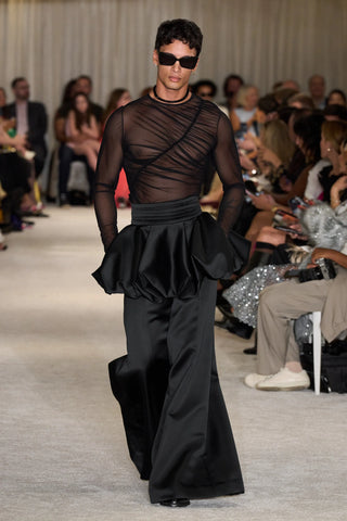 Black Mesh Gathered Long Sleeve Top
