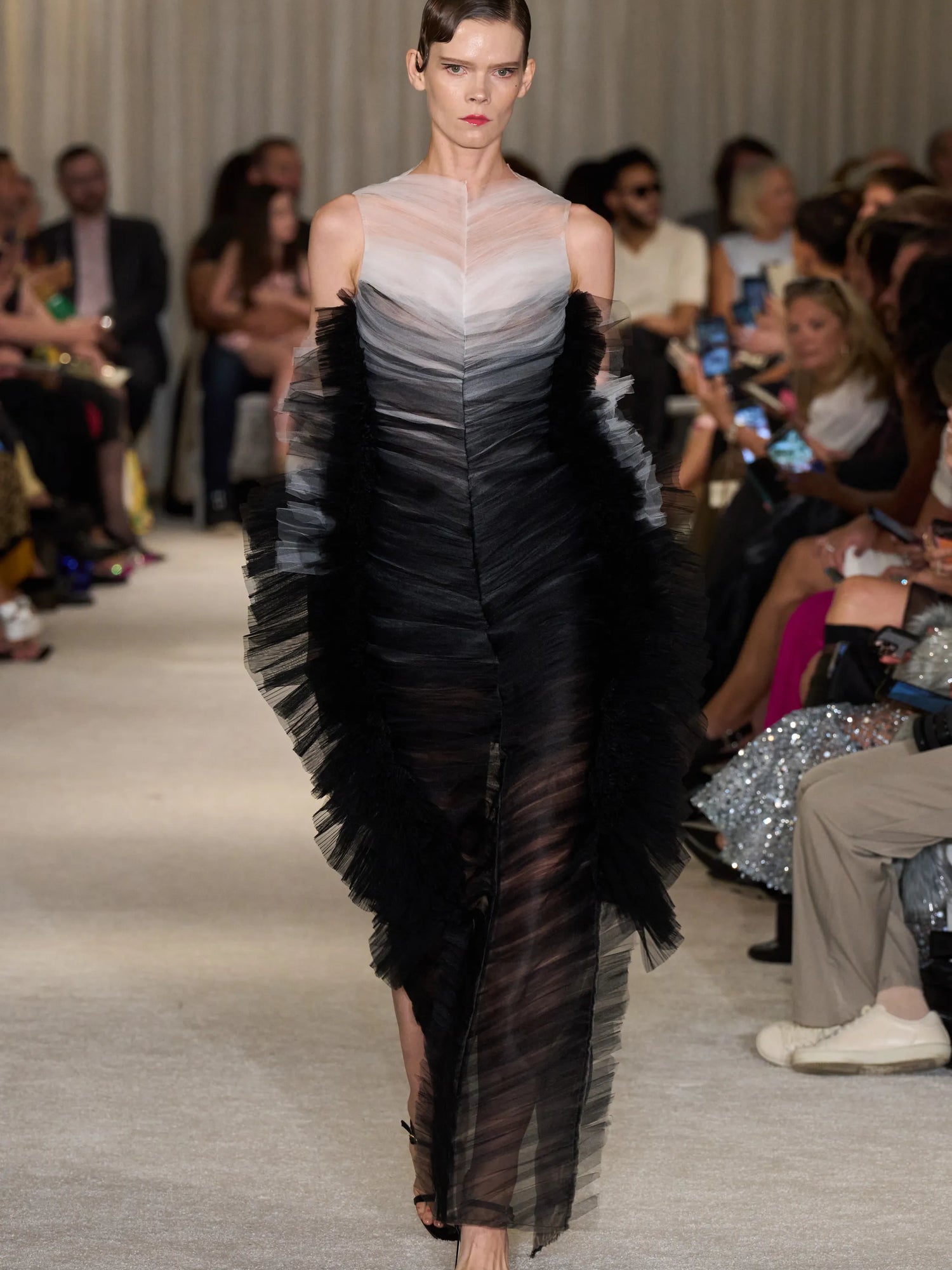 White and Black Ombré Tulle Gathered Column Gown