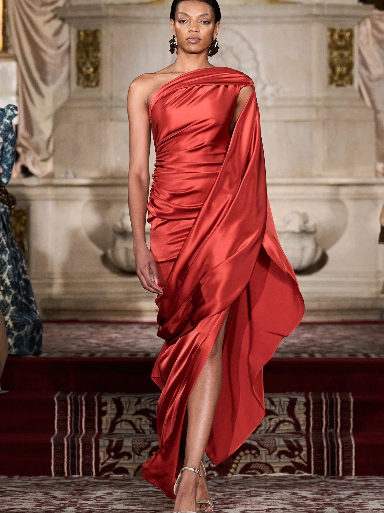 One Shoulder Draped Gown in Lava