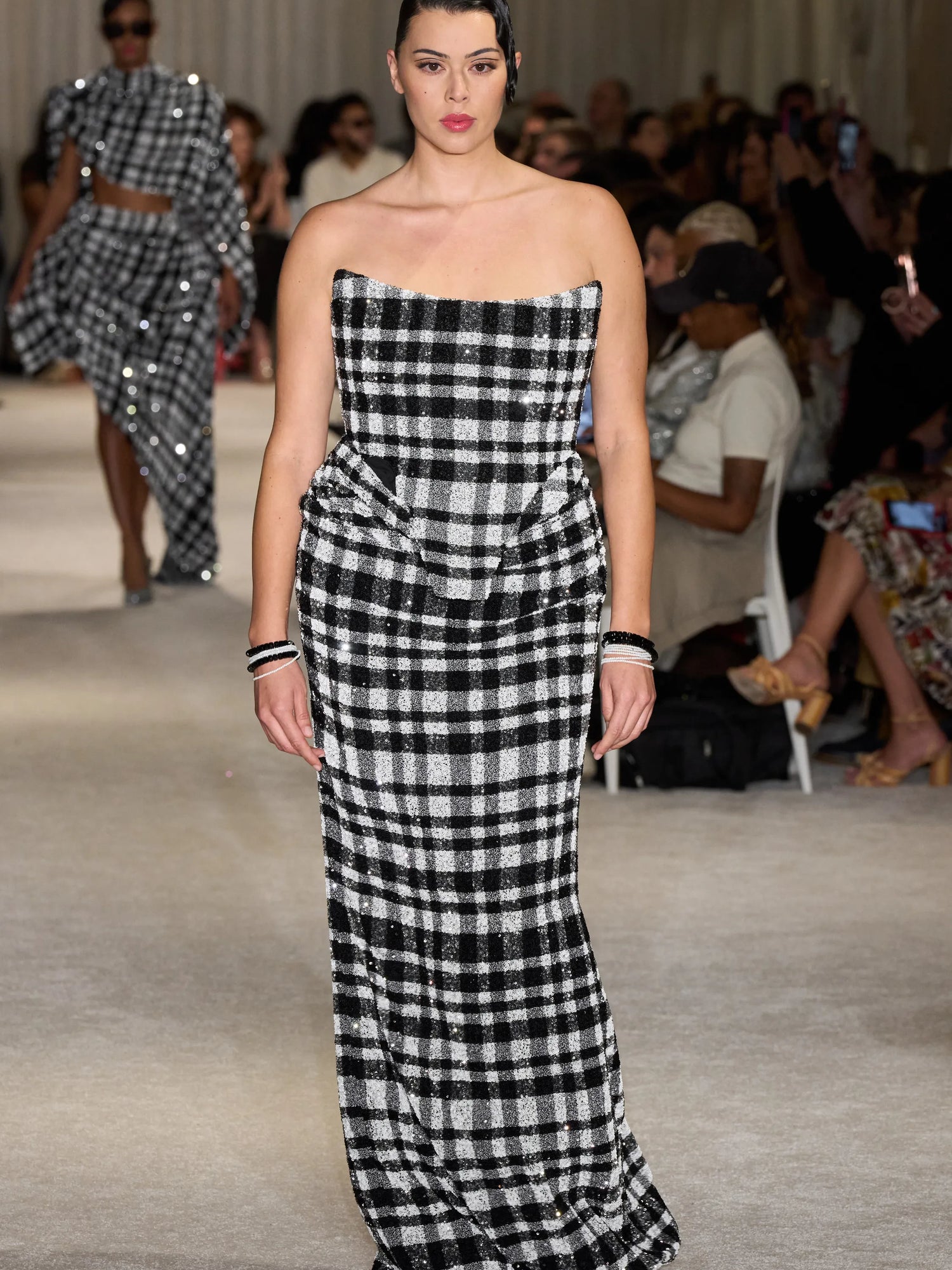 Black and White Sequin Plaid Corset Draped Gown