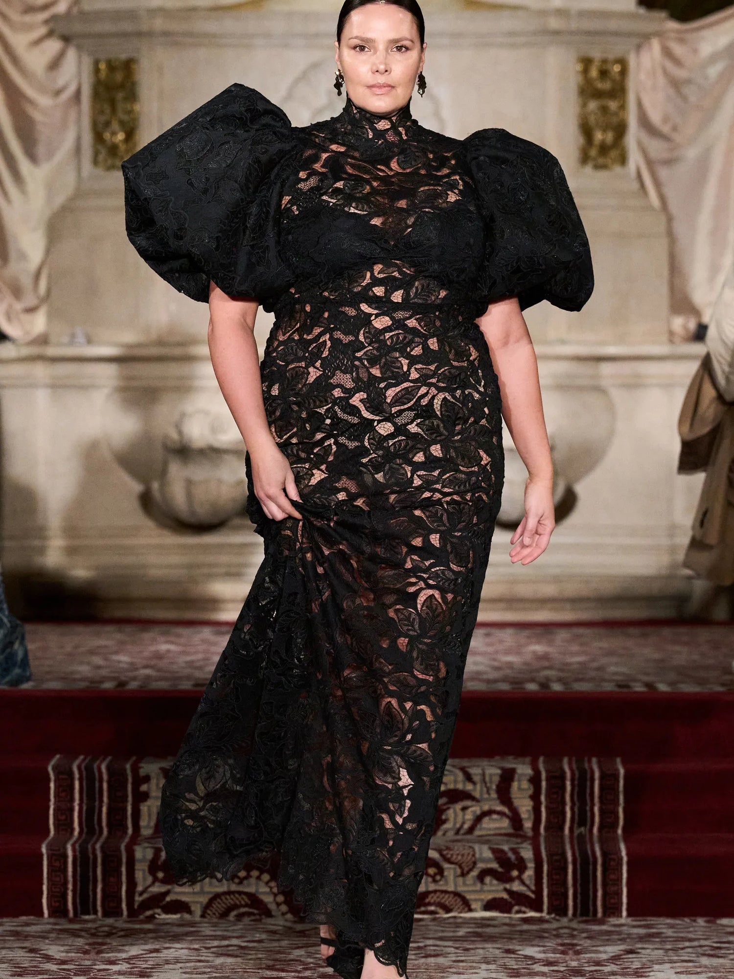 Black Lace Puff Sleeve Column Gown