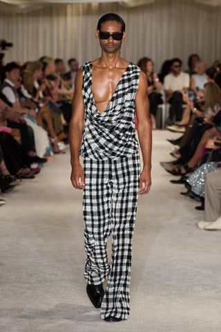 Black and White Sequin Plaid Draped Tank