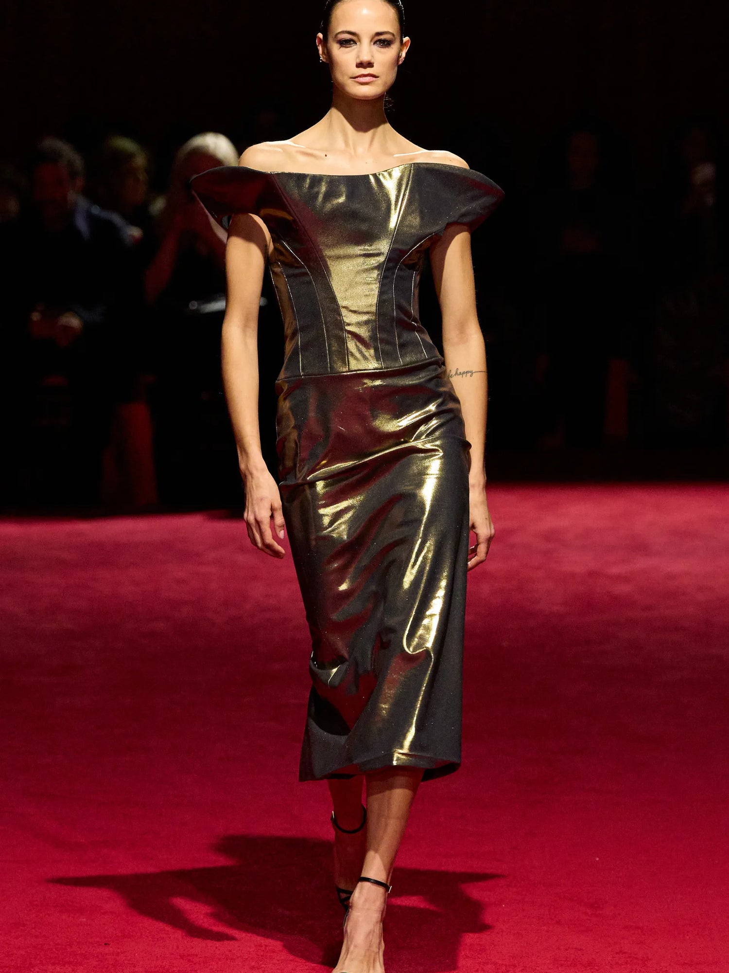 Gold Iridescent Off the Shoulder Midi Dress | Christian Siriano Gold Iridescent Off the Shoulder Midi Dress | Christian Siriano