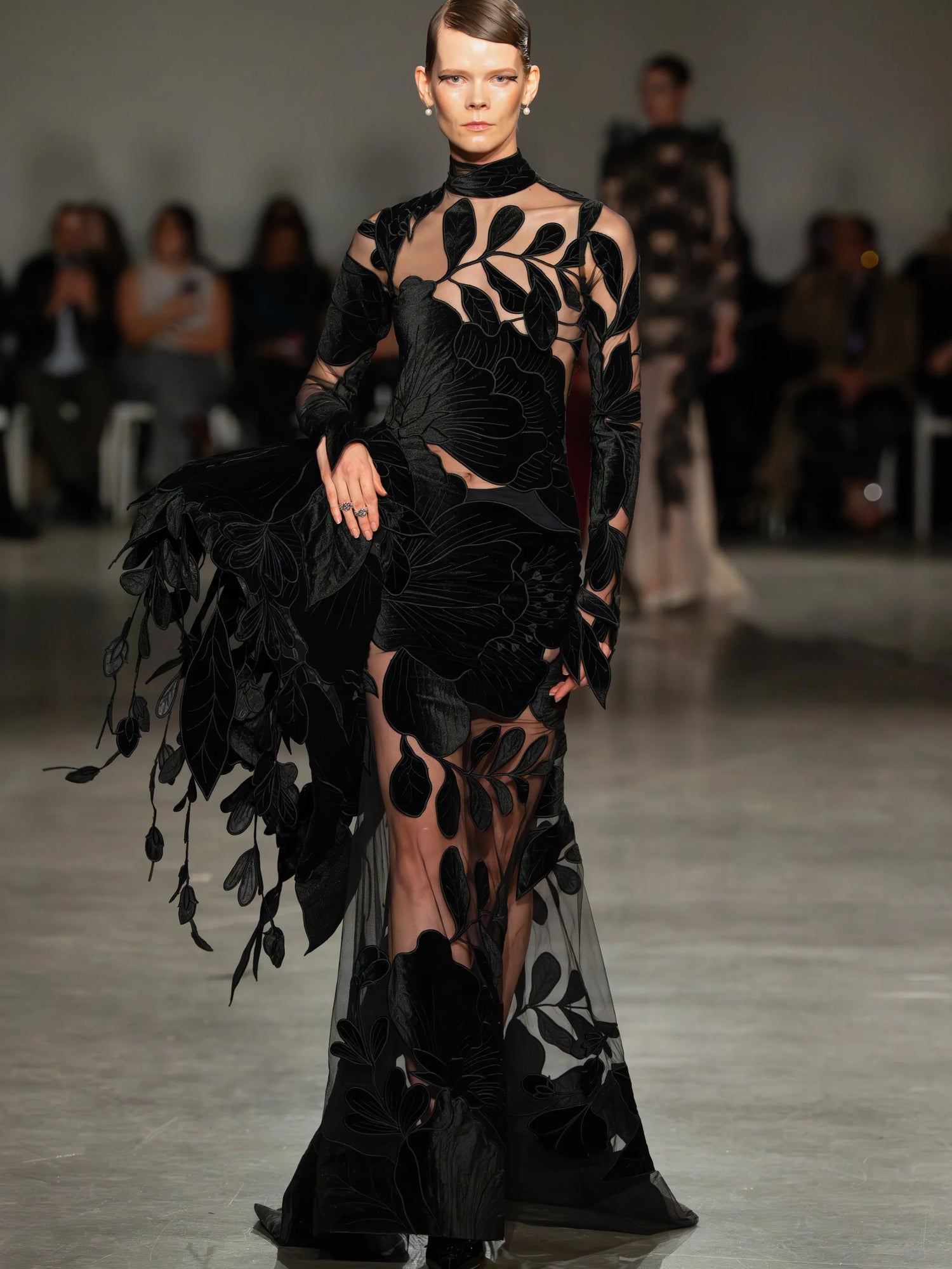 Long Sleeve Floral Burnout Velvet Structured Gown