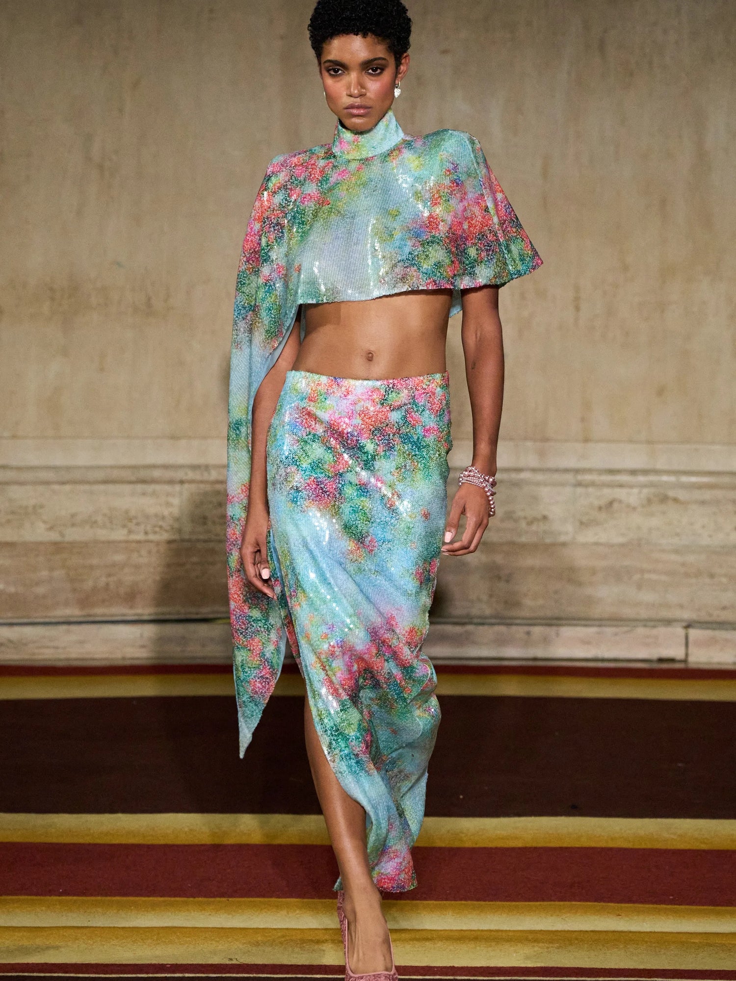 Painted Watercolor Sequin Side Draped Skirt