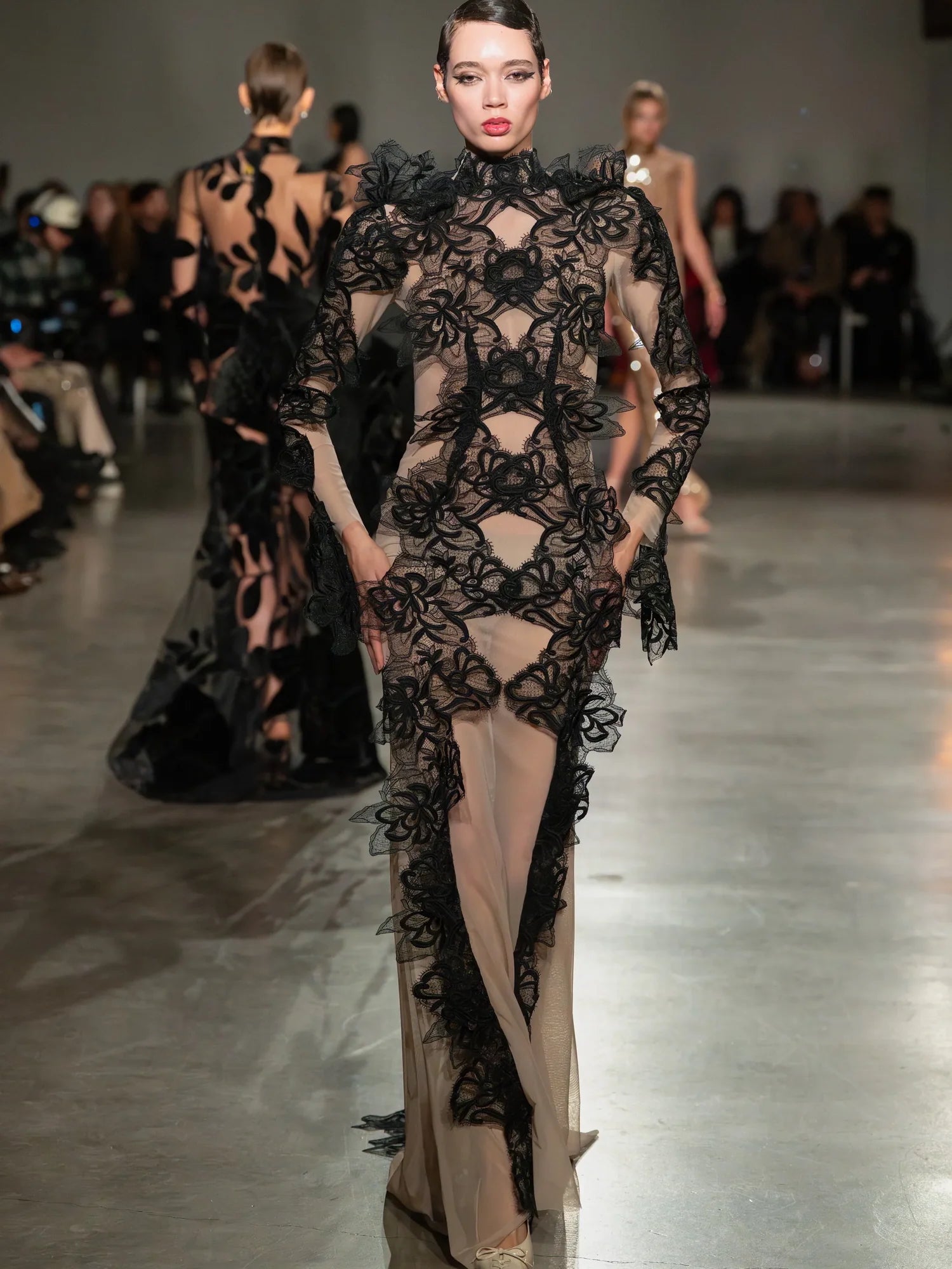 Scalloped Lace Long Sleeve Gown