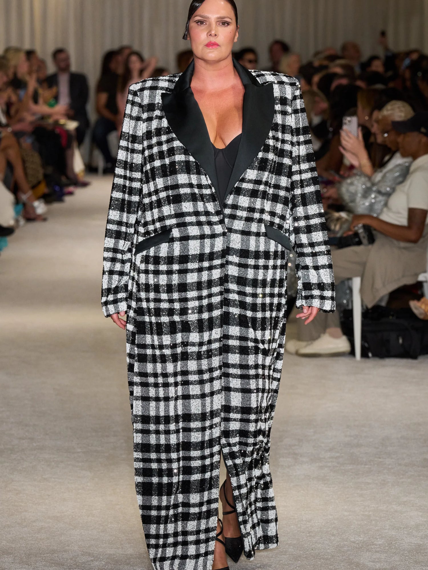 Black and White Sequin Plaid Long Line Blazer Coat
