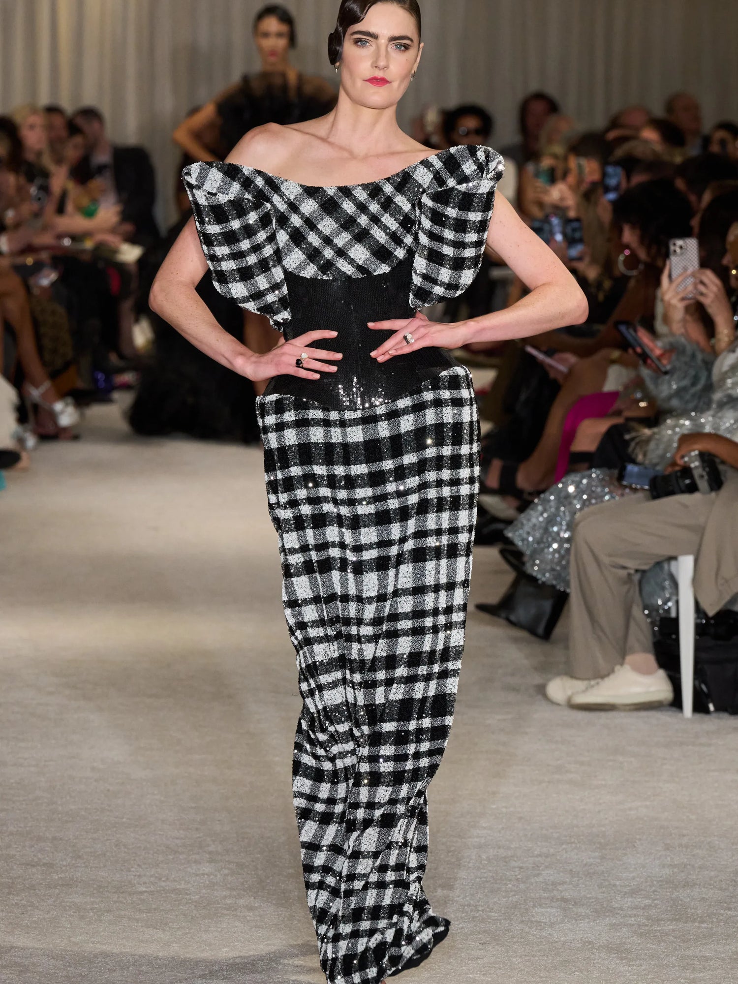 Black and White Sequin Plaid Corset Bow Gown