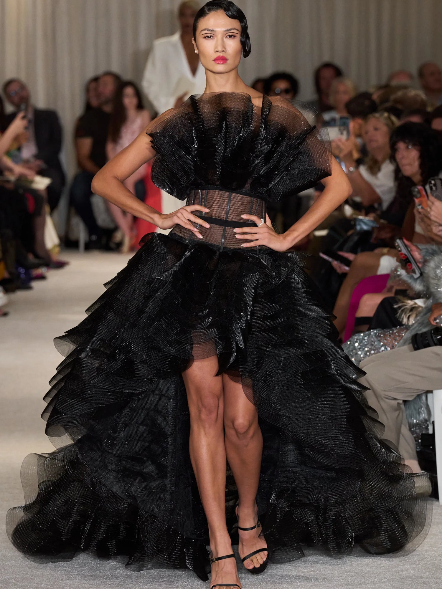 Black Ruffle Horsehair Hi-Low Gown