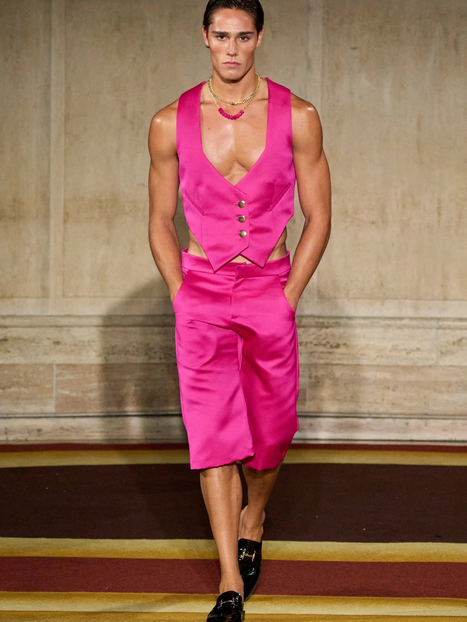 Fuchsia Satin Long Shorts